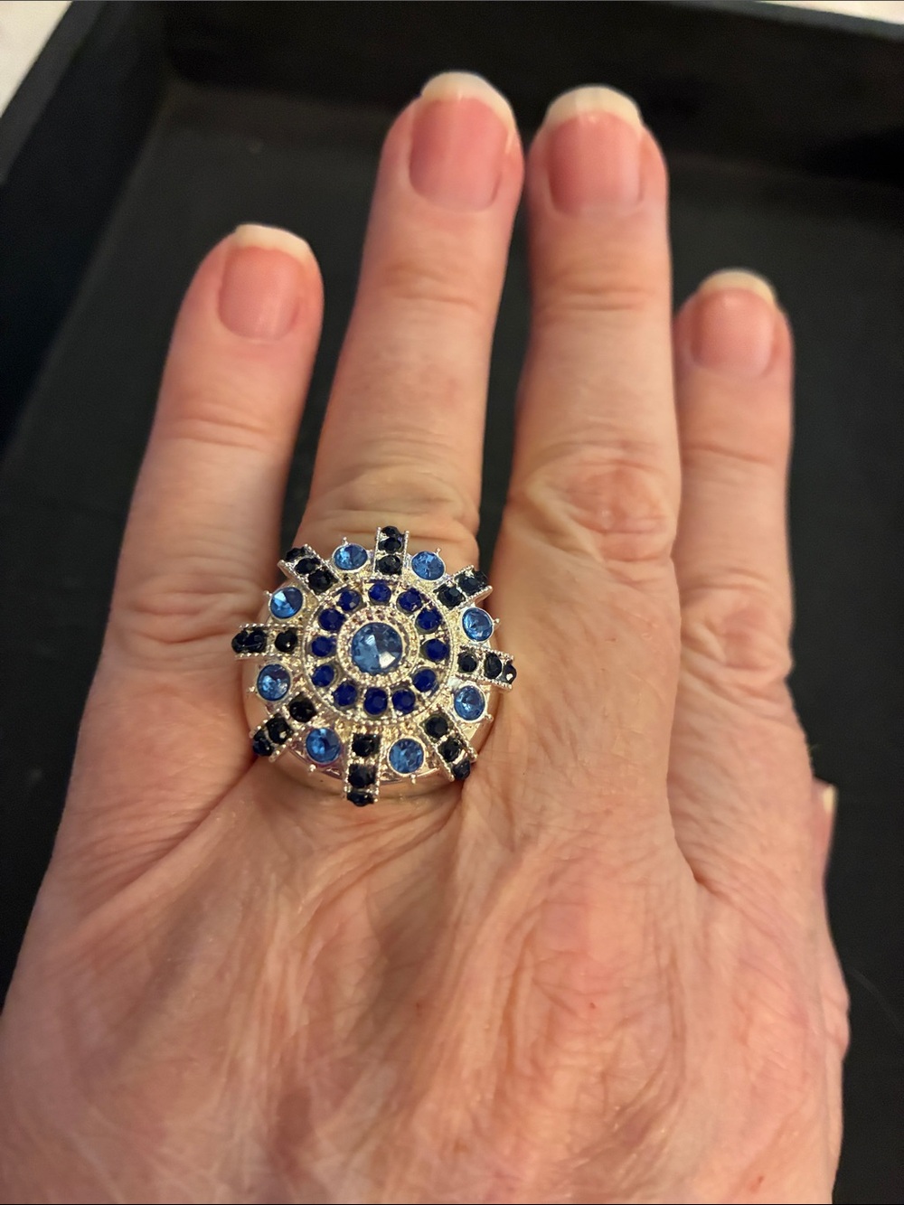 Silver Tone Bold Blue Crystal Statement Stretch Ring - Picture 11 of 11